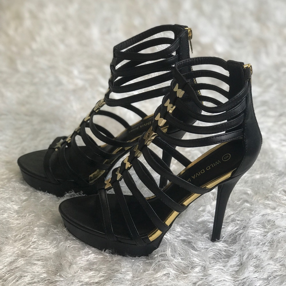 Black and Gold Open Toe Heels